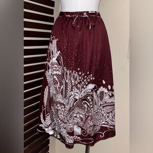 1970s 70s Vintage Burgundy White Floral Leaf Tie High Waist Midi Disco Skirt
